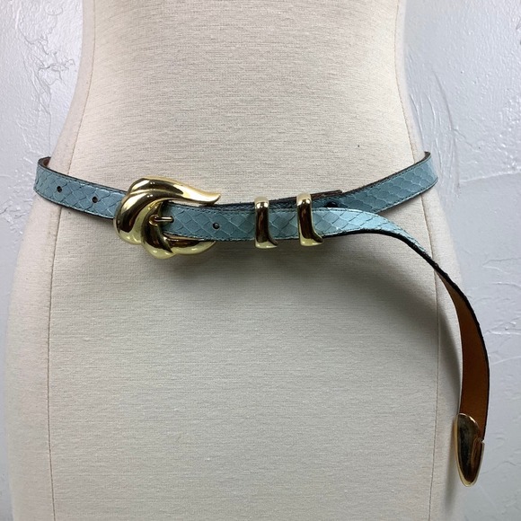 VTG Apple Acc of NY Snakeskin Leather Tiffany Blue Skinny belt SZ M EUC - Picture 1 of 10